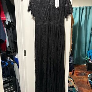 Black Pleated Maxi Gown with Flutter Sleeves for Cocktail